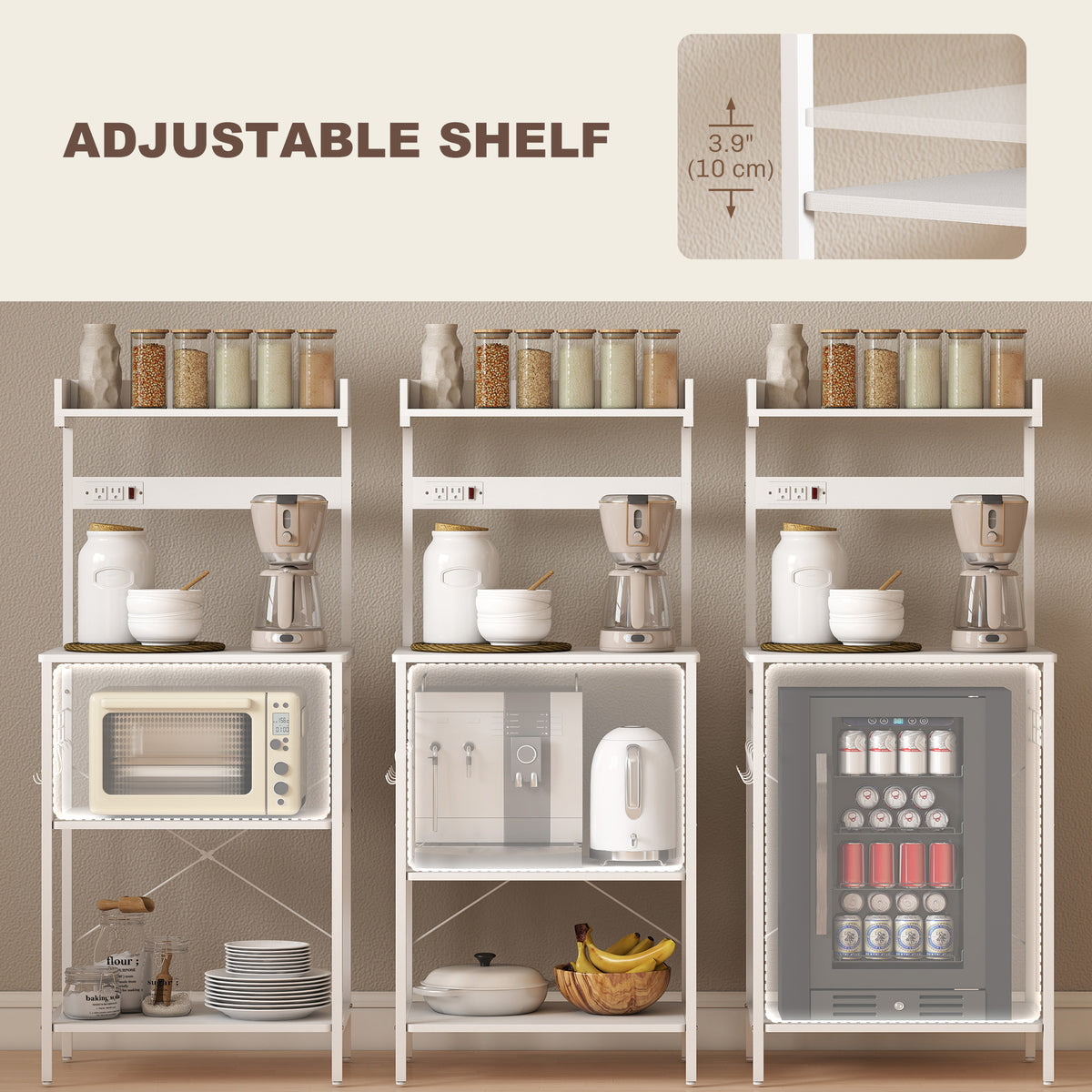 Kitchen Baker's Rack with Power Outlet, Coffee Bar Station with Adjustable Shelves and Hooks – view 46