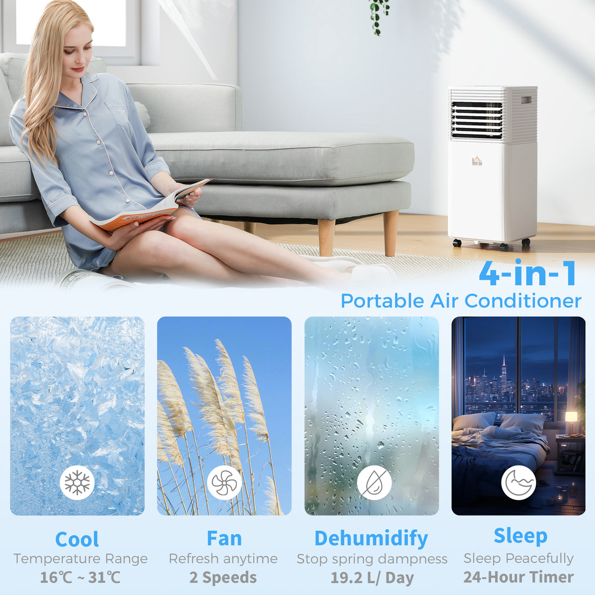 10000 BTU Portable Air Conditioner with Fan & Dehumidifier Mode, Quiet AC Unit with Remote Control, 24-Hour Timer, White