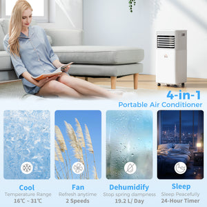 10000 BTU Portable Air Conditioner with Fan & Dehumidifier Mode, Quiet AC Unit with Remote Control, 24-Hour Timer, White
