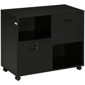 Mobile Printer Stand, Lateral File Cabinet with Lock, Filing Cabinet with Hanging Bars for Letter, A4 Size, Black
