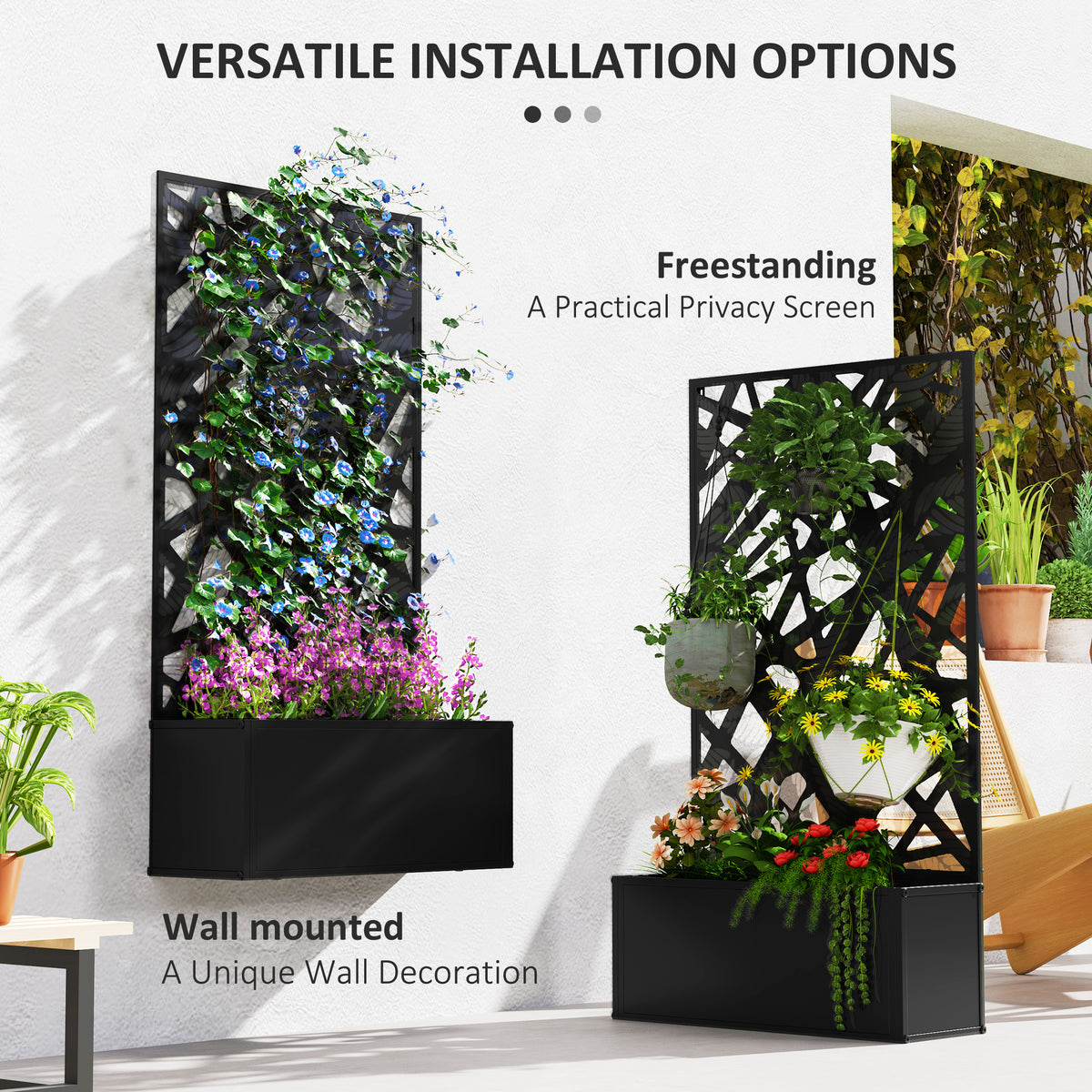 Metal Raised Garden Bed with Privacy Panel, Freestanding or Wall Mounted Outdoor Planter Box for Garden, Patio