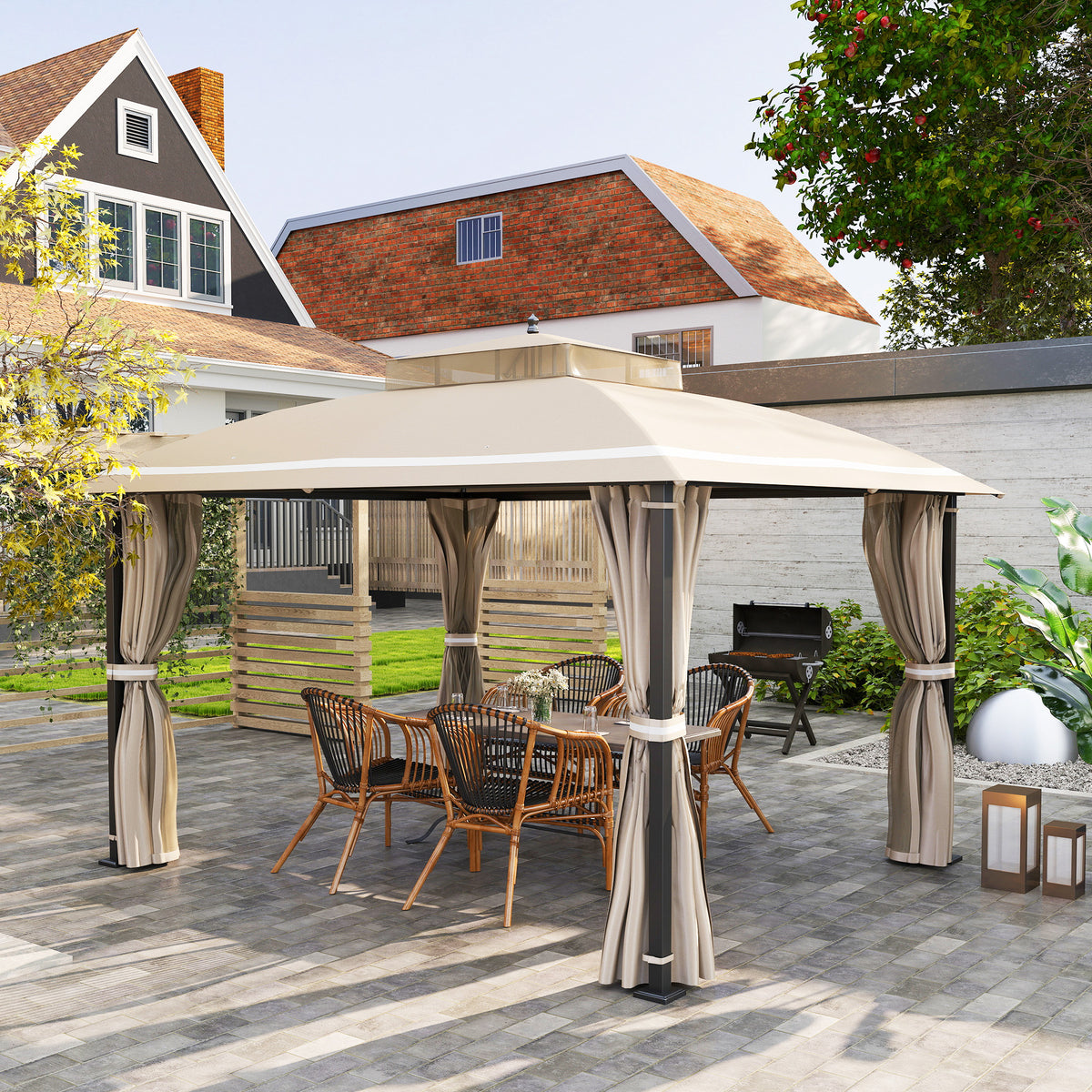 10' x 12' Outdoor Gazebo, Double Roof Patio Gazebo Canopy with Netting and Curtains for Garden, Lawn, Backyard, Deck