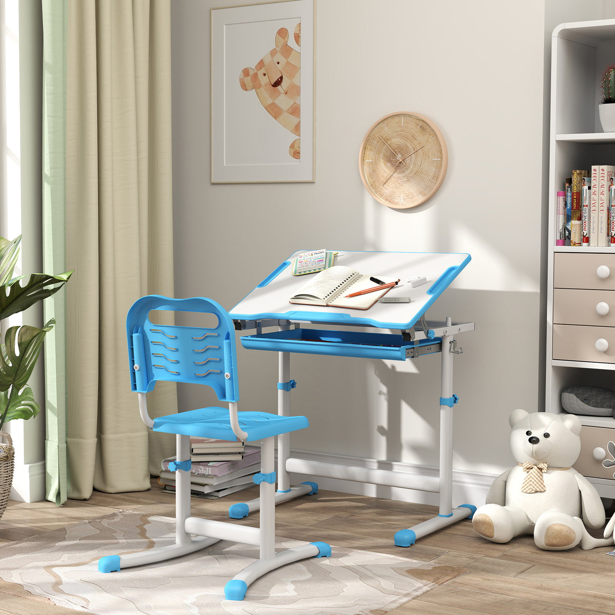 Qaba Height Adjustable Study Table and Chair Set with Drawer, Pen Slot, Tiltable Desktop, Hook