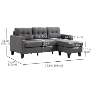 L-shaped Sofa, 3 Seater Couch with Ottoman, Corner Sofa with Thick Padded Cushion and Wood Legs, Dark Grey
