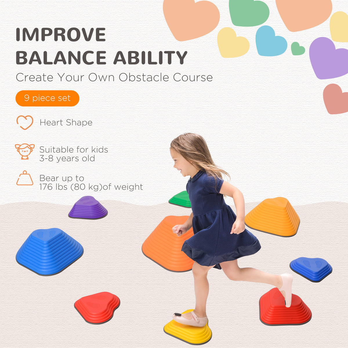Qaba 6PCs Non-Slip Stackable Kids Stepping Stones, Heart-Shaped