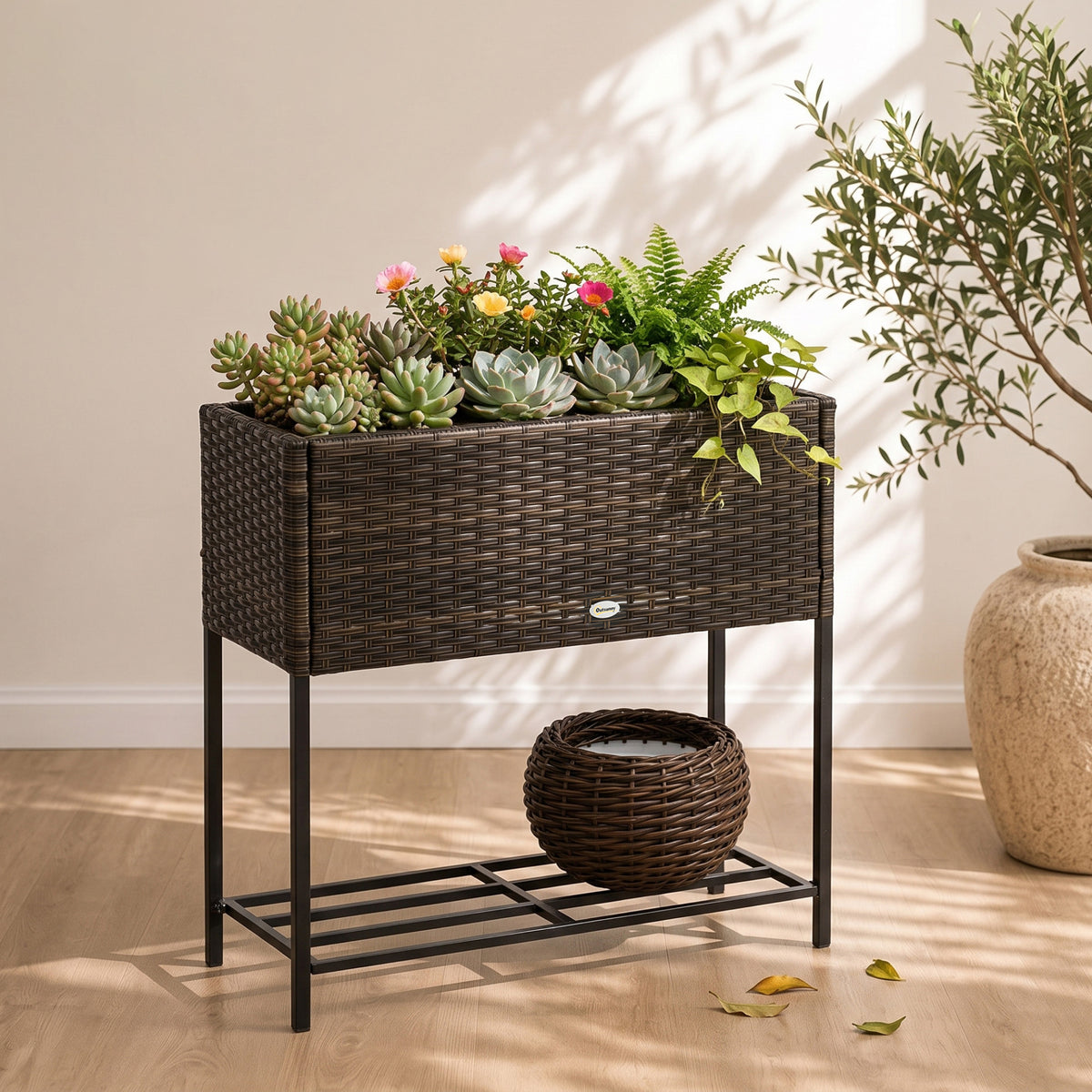 Rattan Raised Garden Boxes, Elevated Flower Beds with Storage Shelf for Herbs, Flowers, Vegetables, Brown – view 6