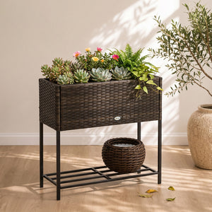 Rattan Raised Garden Boxes, Elevated Flower Beds with Storage Shelf for Herbs, Flowers, Vegetables, Brown – view 6