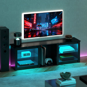 TV Stand with LED Lights, Modern Entertainment Center with Adjustable Glass Shelves, for TVs up to 70 Inch, Black