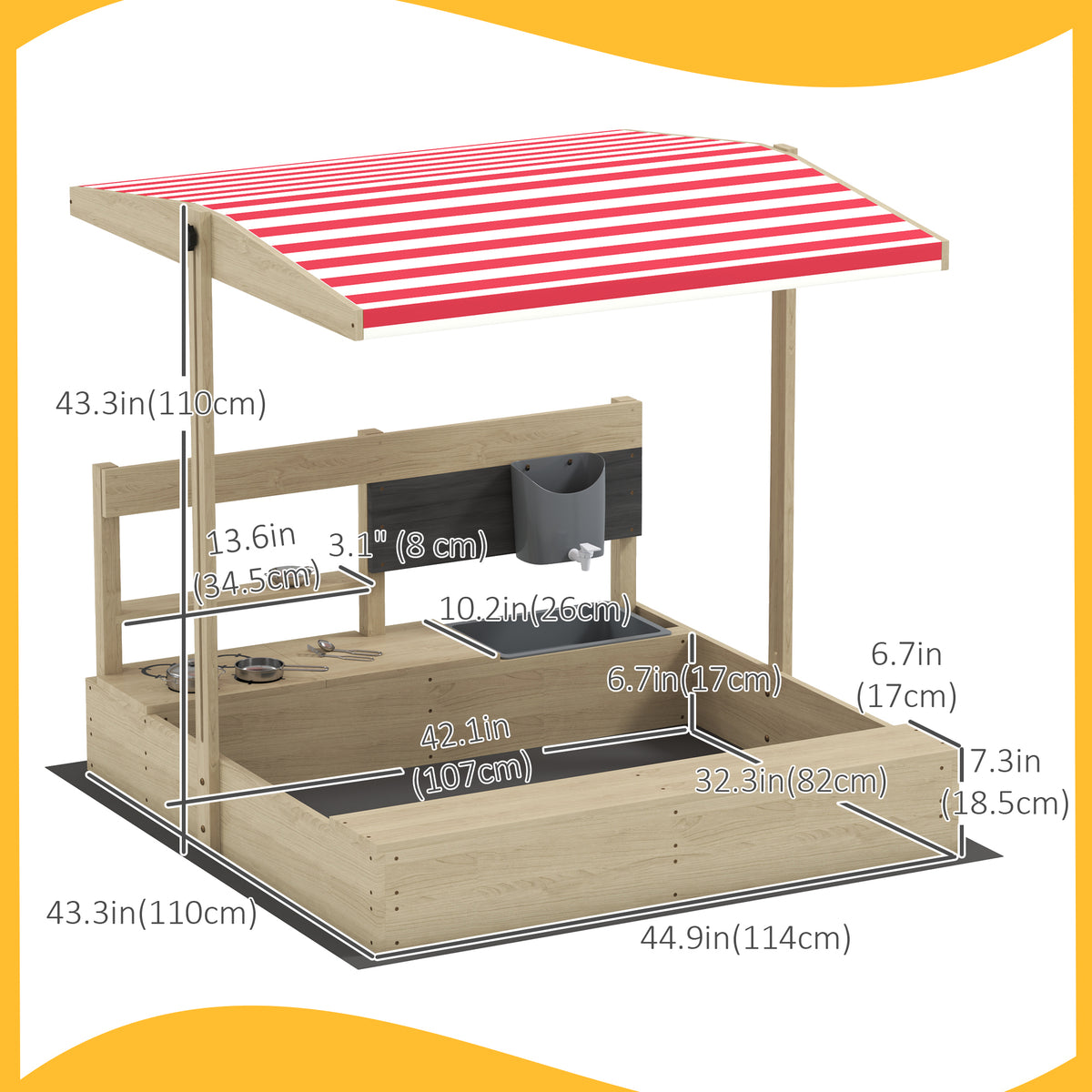 Kids Sandbox with Cover Kitchen Playset Toys, Wooden Sand Box with Seat, Storage, for 3-7 Years Old, Grey – view 9