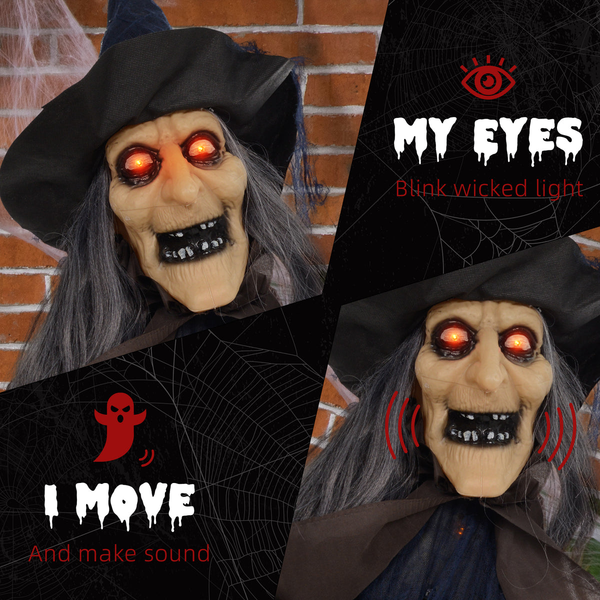 6.2' Life Size Decoration Animatronic Witch w/ Broomstick Outdoor Halloween, Sound & Motion Activated w/ Light Up Eyes