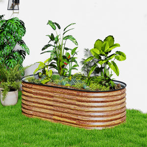 5 x 2.5 x 2 ft Galvanized Raised Garden Bed, Easy DIY Oval Planter Box with Safety Edging and Gloves, Brown Wood Effect