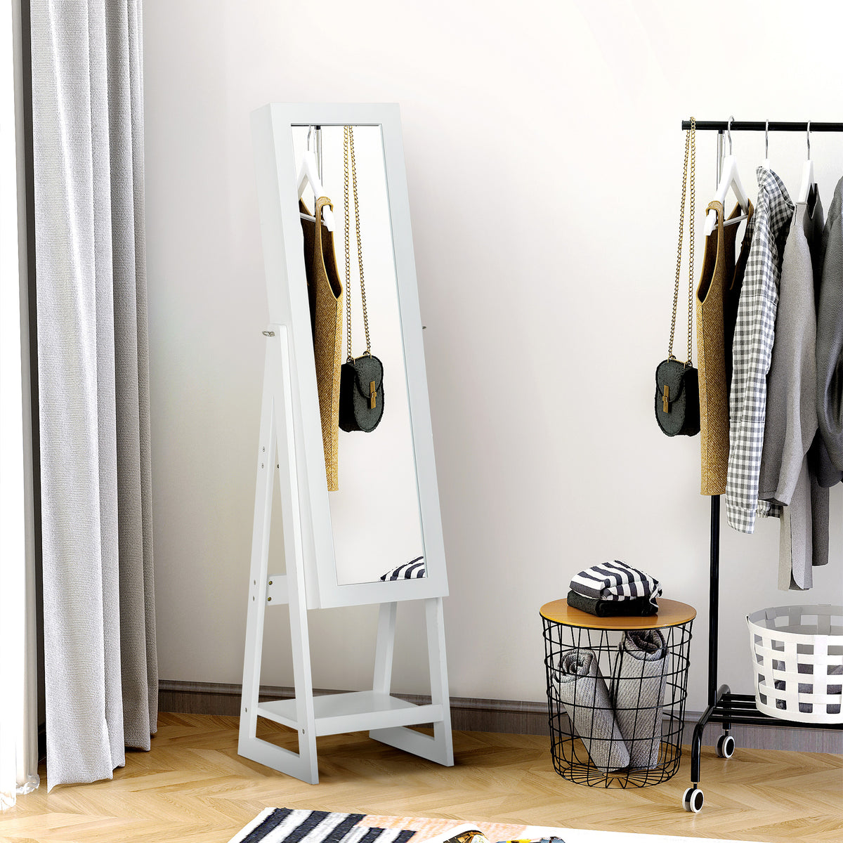 Jewellery Cabinet with Full-Length Mirror, Standing Jewelry Armoire with LED Light, White