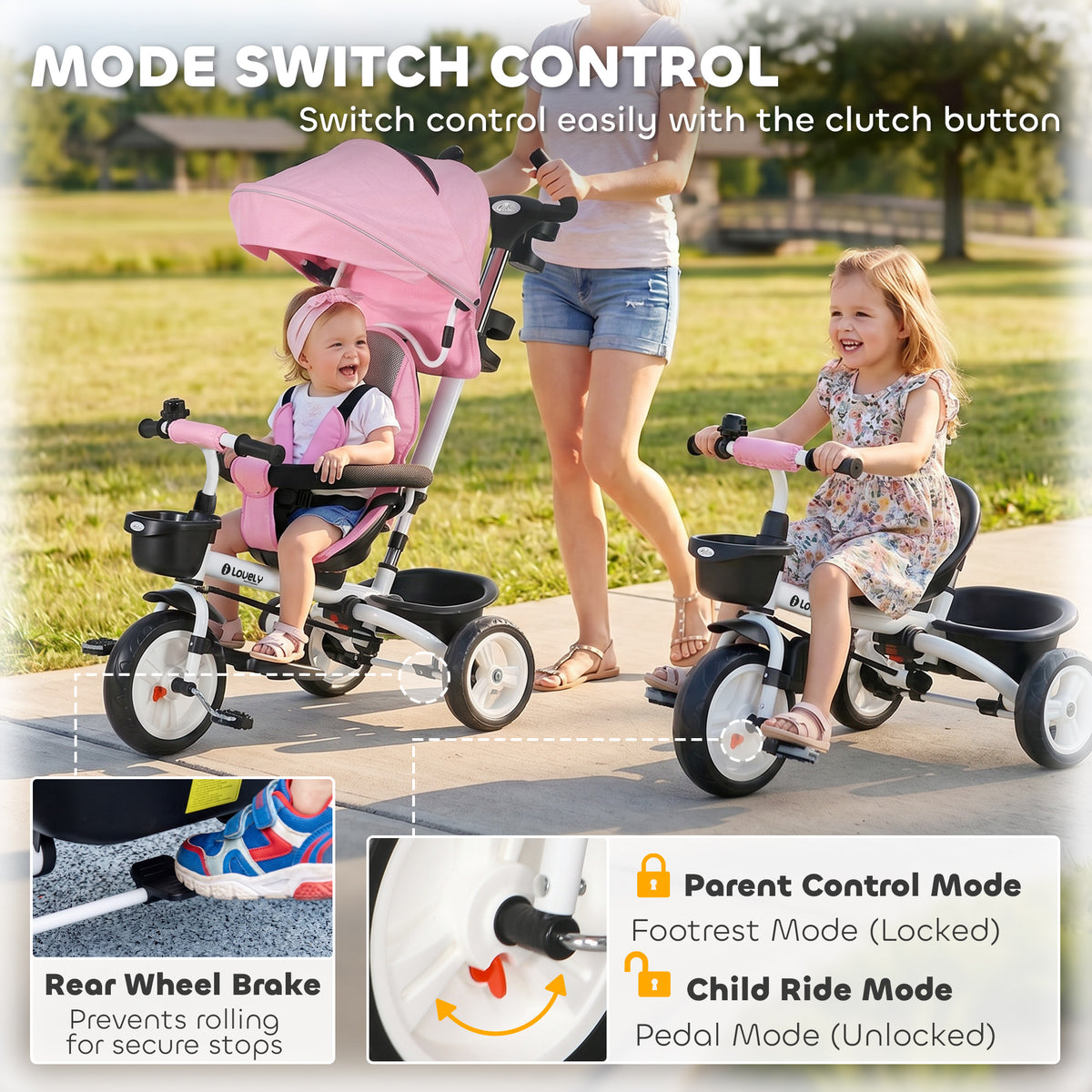 Qaba 6 in 1 Toddler Tricycle with Parent Push Handle, Canopy, Storage Baskets, Cupholder, Dark
