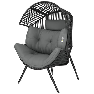 Wicker Egg Chair, Indoor Outdoor Rattan Lounge Chair with Thick Cushion and Headrest, Steel Frame, Adjustable Pads, Grey
