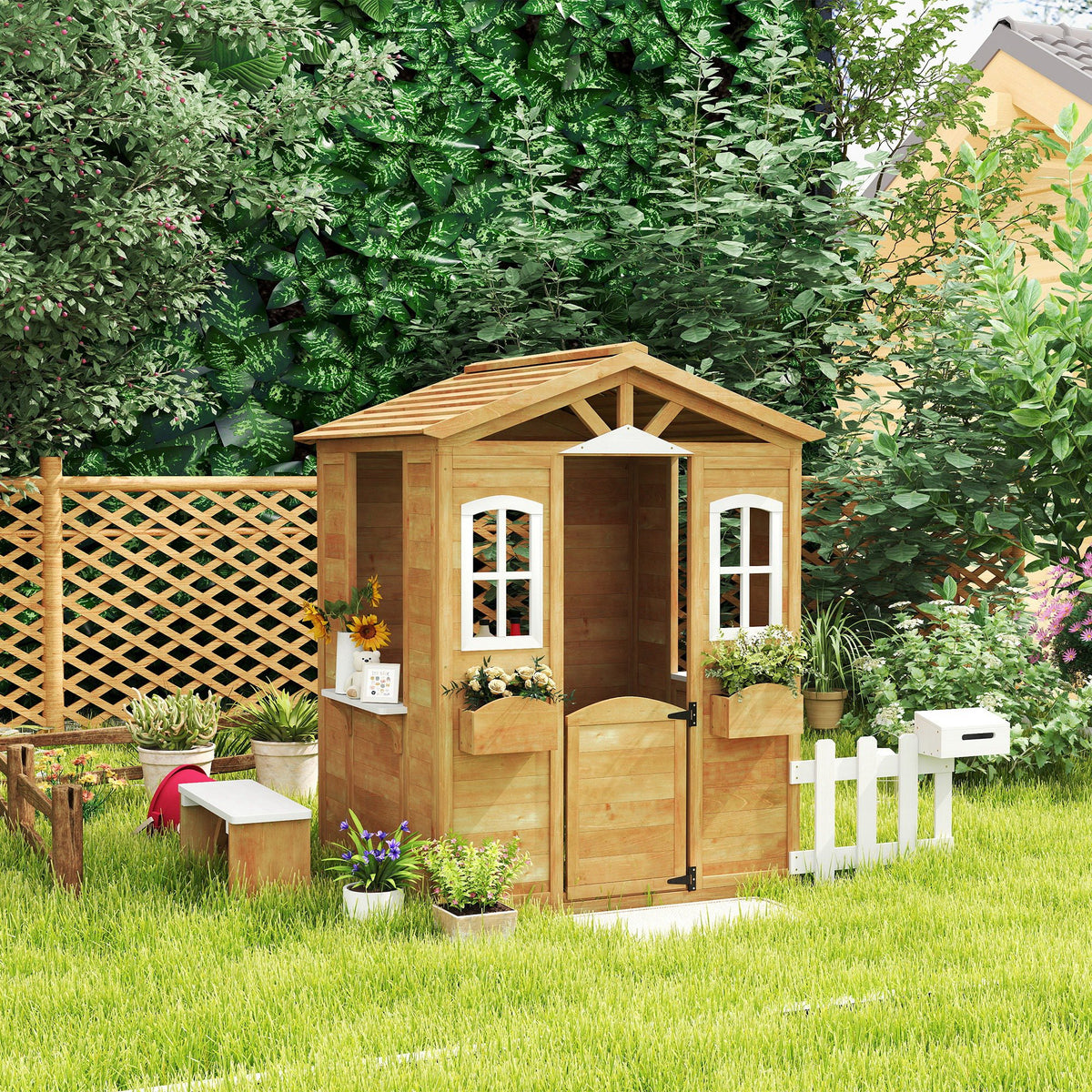 Wooden Kids Playhouse with Door Windows Mailbox Flower Pot Holder Serving Station Bench Yellow