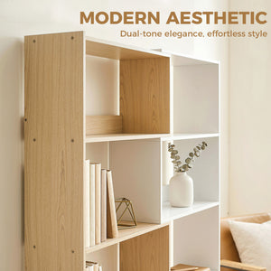 Corner Bookshelf, 5-Tier L-Shaped Bookcase with 350° Rotating Design, Two-Tone Design, Fruitwood/White