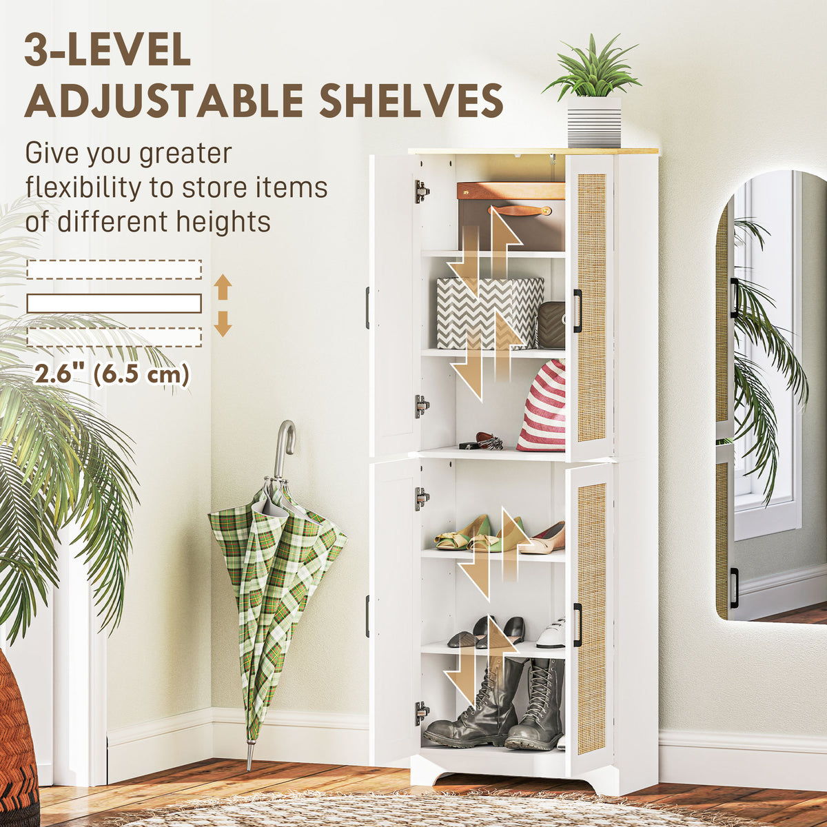 67" Tall Kitchen Pantry, Freestanding Kitchen Storage Cabinet with 4 Rattan Doors and Adjustable Shelves – view 11