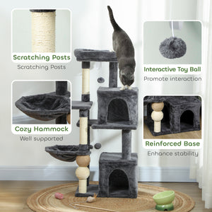 Cat Tower, 42" Multi-Level Cat Tree with Padded Plush Perch, Hammock, 2 Door Condos, Scratching Posts, Toy Balls