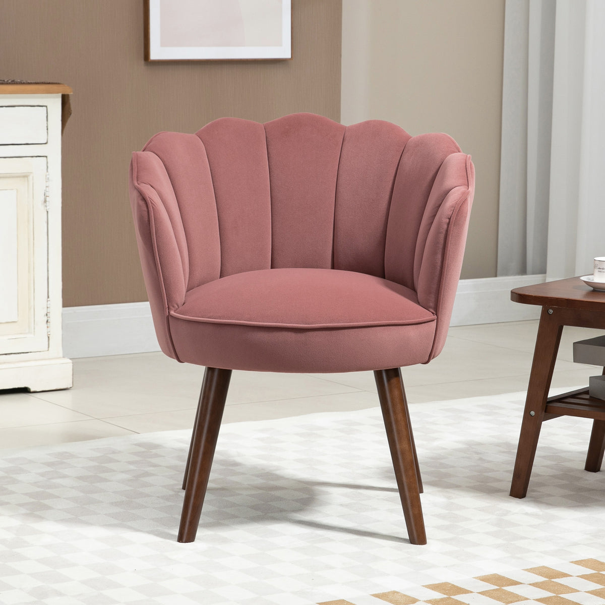 Modern Vanity Chair, Velvet-feel Fabric Leisure Accent Chair with Wood Legs for Living Room, Pink