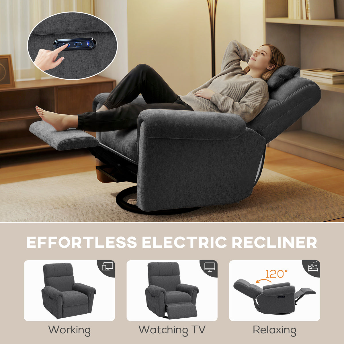 Power Recliner Chair, Fabric Upholstered Recliner Chair with USB Ports, Swivel and Rocking Function – view 10