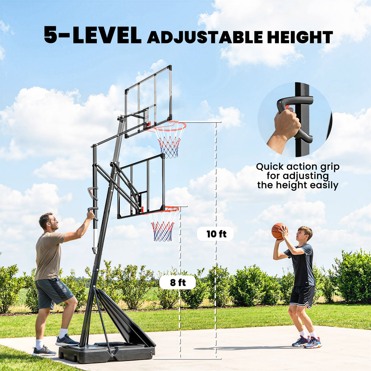 Soozier Portable Basketball Hoop Height Adjustable 8-10 Ft with 47" Shatterproof Backboard, Shock Absorbent Rim, Fillable Base