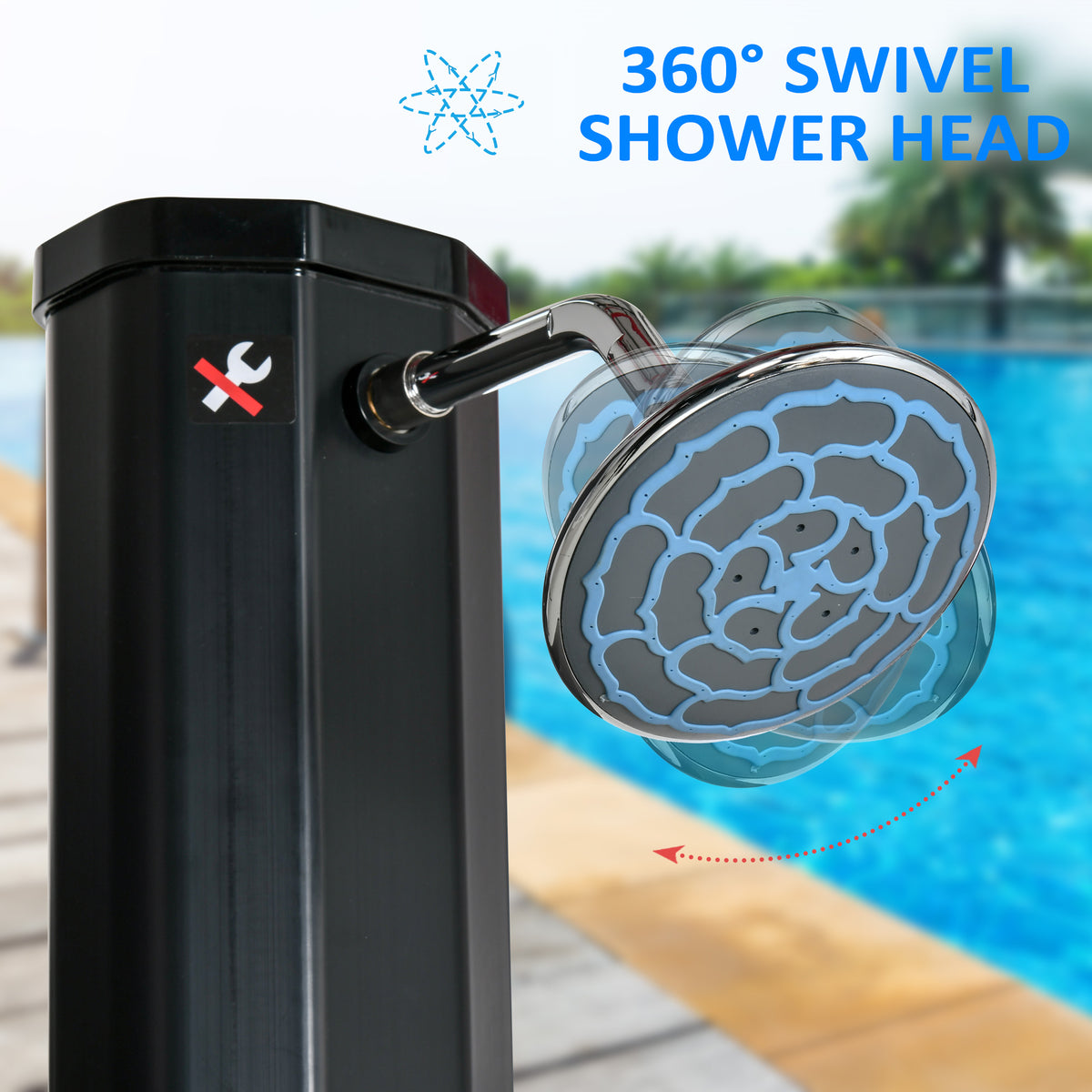 7ft Outdoor Solar Heated Shower with 360 Rotating Shower Head, Foot Shower Faucet, Temperature and Pressure Adjustable