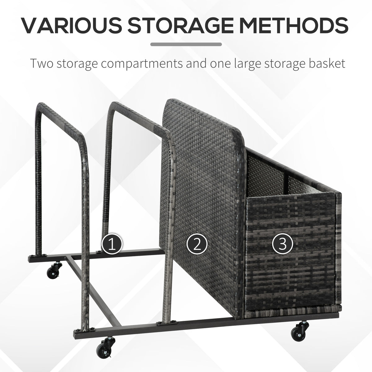 Rolling Pool Storage Rattan Patio Furniture Outdoor Storage Wicker Organizer for Floats, Paddles, Balls, Towels, Grey