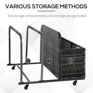 Rolling Pool Storage Rattan Patio Furniture Outdoor Storage Wicker Organizer for Floats, Paddles, Balls, Towels, Grey