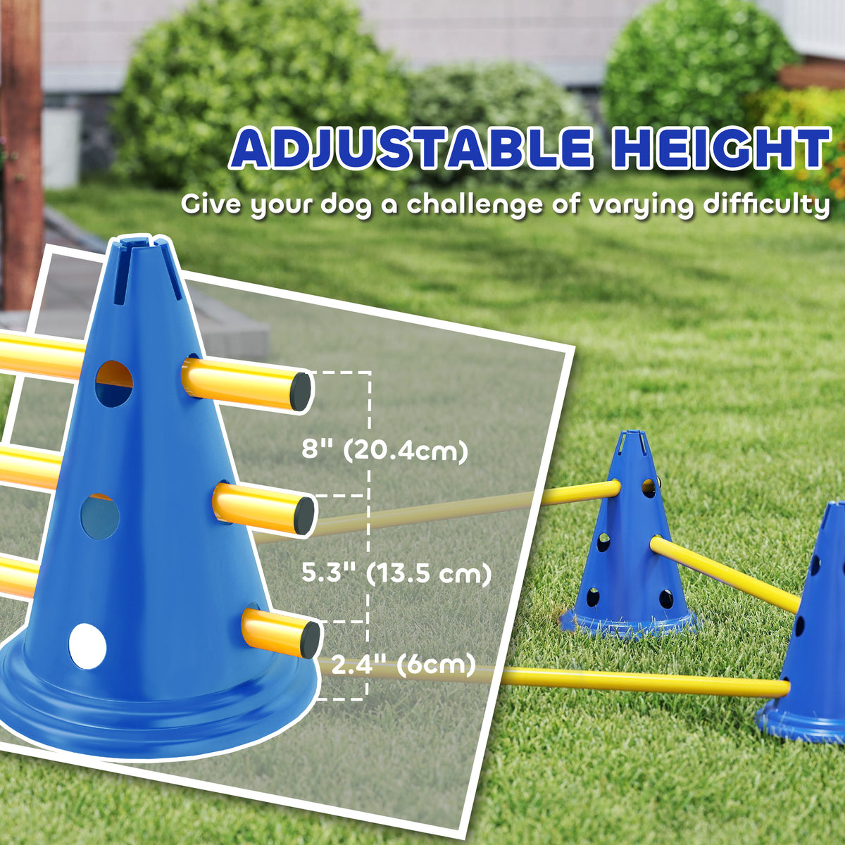 Dog Agility Hurdle Cone Set, Adjustable Obstacle Course Equipment with 8 Cones & 8 Poles, Carry Bag, Blue