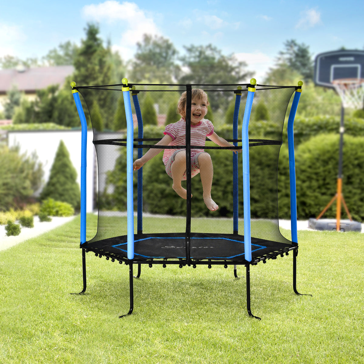 Soozier 63" Kids Trampoline Mini Indoor Bouncer Jumper with Enclosure Net Elastic Thick Padded Pole Gift for Child Toddler Age 3-6 Years Old