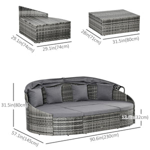 4 Pieces Patio PE Wicker Round Daybed, Outdoor Rattan Garden Lounge Furniture Sets, Grey
