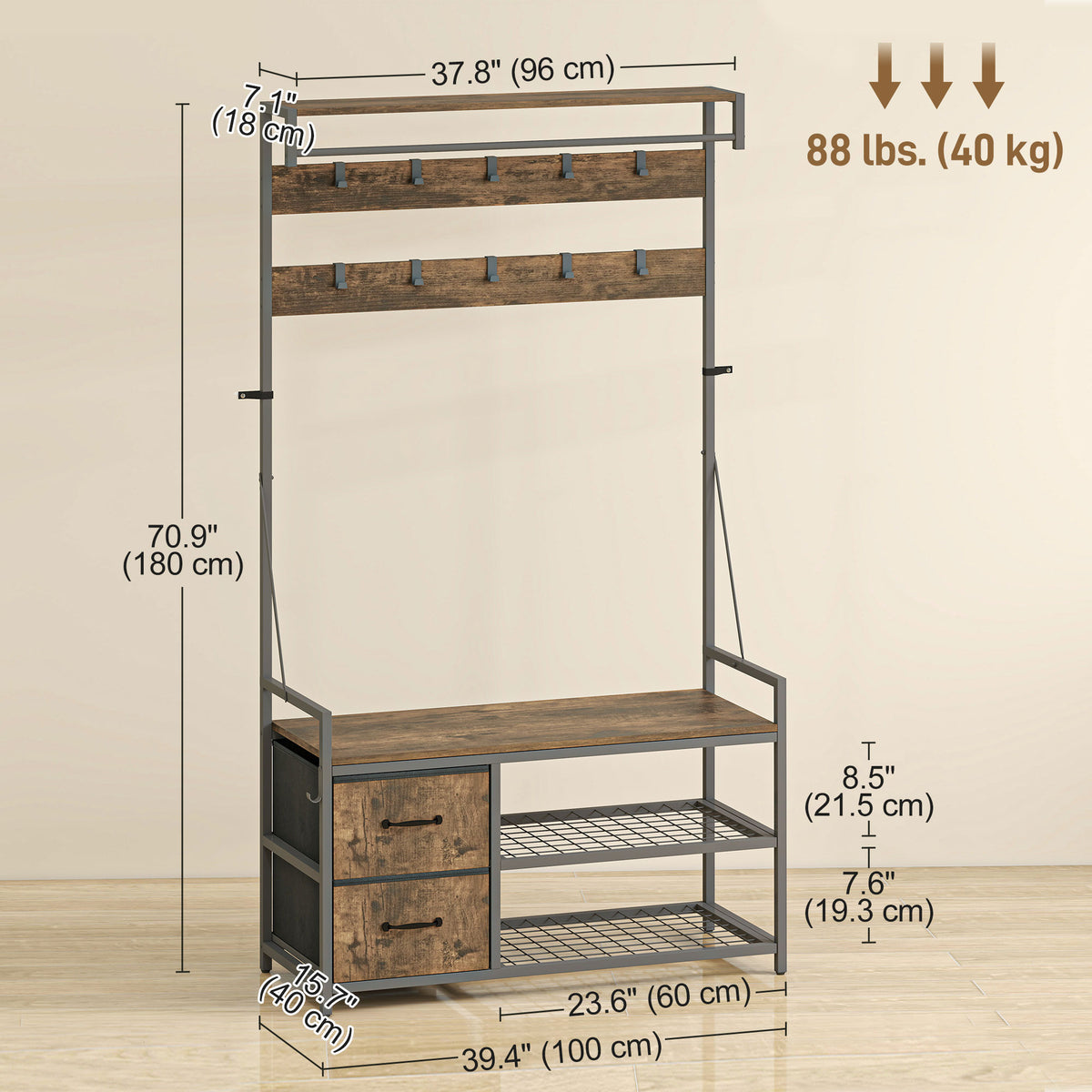 6-In-1 Hall Tree with Shoe Storage, Coat Rack Shoe Storage with 10 Hooks, 2 Fabric Drawers, Rustic Brown
