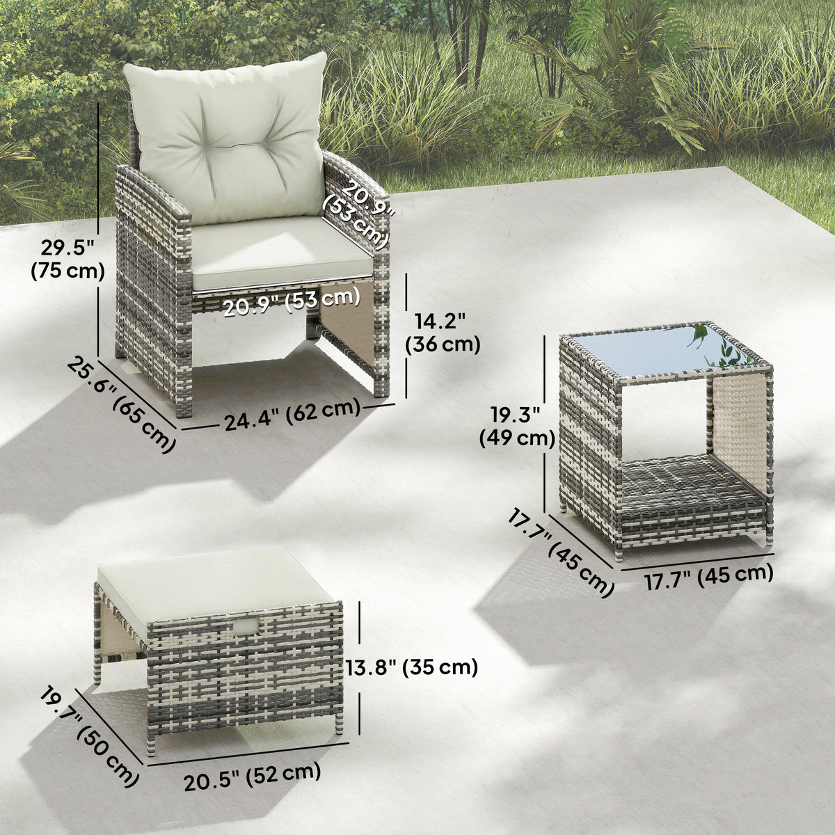 5 Piece Patio Furniture Set, Wicker Patio Chairs with Ottomans, 2-Tier Glass Coffee Table and Cushions – view 9