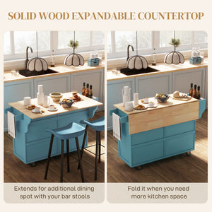 Kitchen Island with Storage, Rolling Kitchen Island with Drop Leaf, Rubber Wood Top and Adjustable Shelves, Light Blue