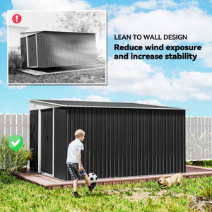 11' x 9' Steel Garden Storage Shed, Outdoor Metal Tool House with Double Sliding Doors & 2 Air Vents, Grey – view 12