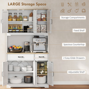 Tall Kitchen Pantry, 6 Doors, 2 Drawers, Adjustable Shelves & Worktop, Rustic Storage Cabinet for Living Room White