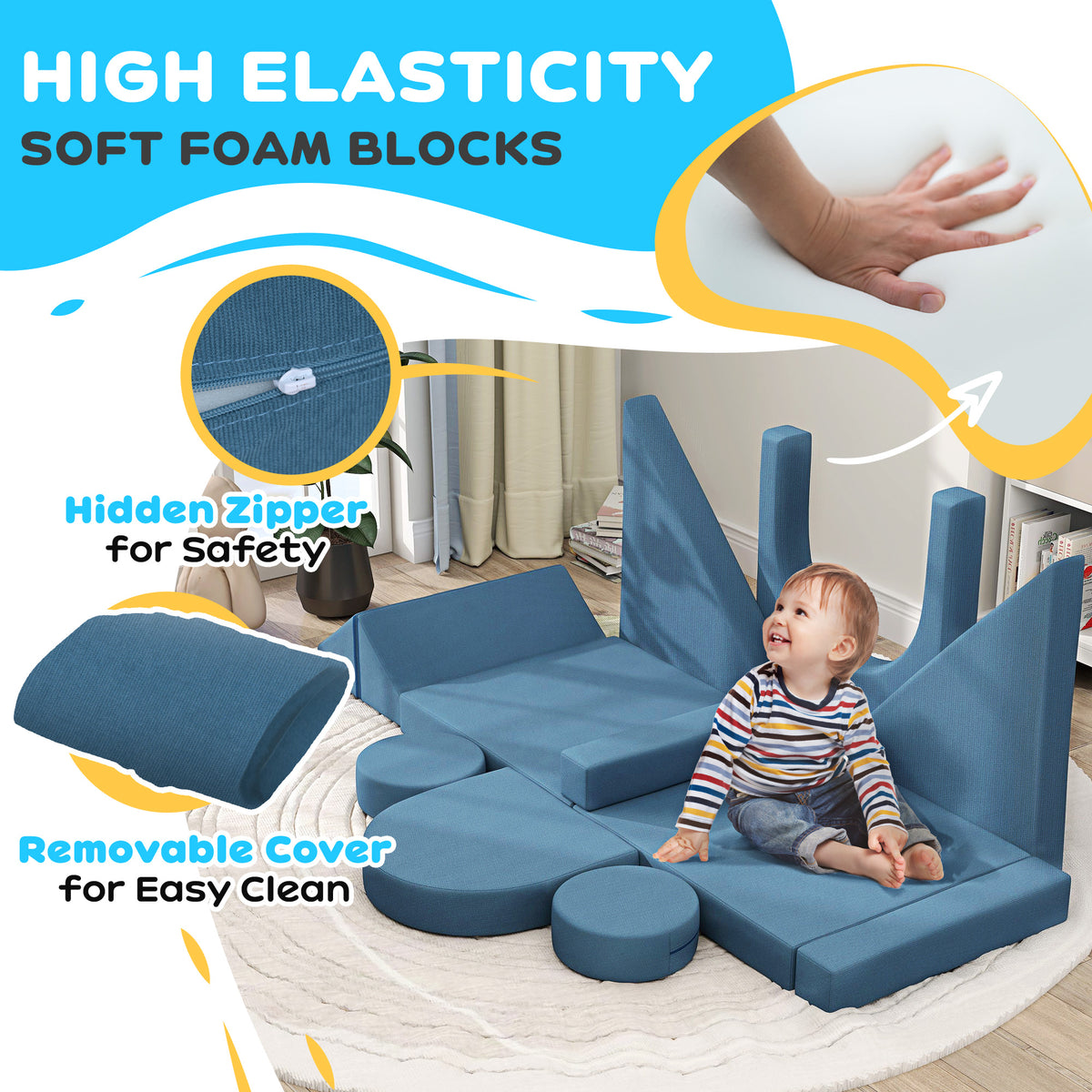 Qaba 12-Piece Modular Kids Play Couch Building Fort for Playroom Bedroom, Convertible Kids Sofa