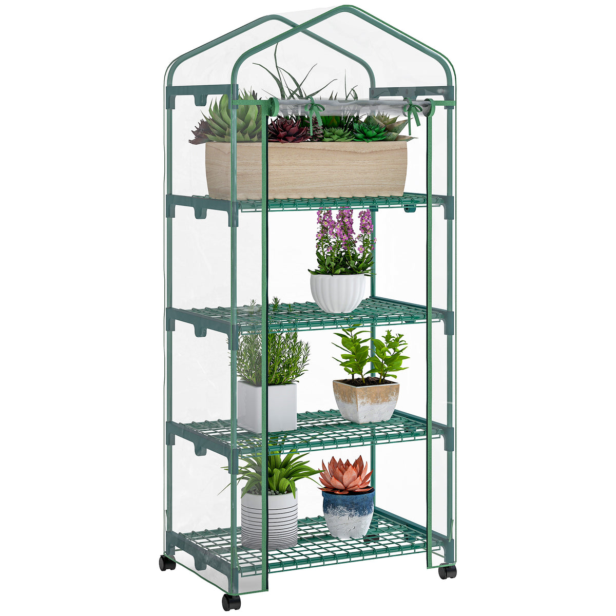 Portable Greenhouse Outdoor Hot House with 4 Tier Shelves, Steel Frame, PE Cover, 28" x 20" x 63" , White – view 5