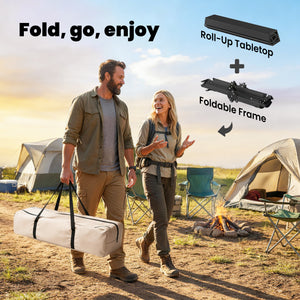 4ft Folding Camping Table, Waterproof Picnic Table with Roll Up Top, Carry Bag and Metal Frame, Black