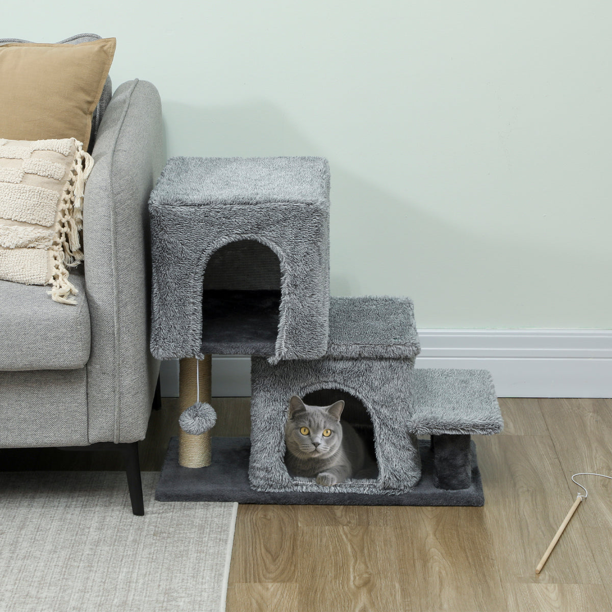 4-Step Pet Stairs, Adjustable Height Cat Stairs with Scratching Posts Cat Condo, Hanging Ball for High Bed, Grey