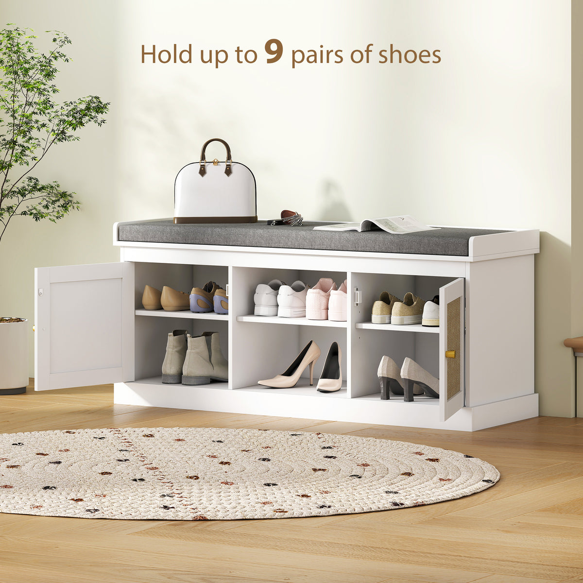 Shoe Bench with Padded Cushion, Boho Entryway Bench with Rattan Doors and Adjustable Shelves, Holds 9 Pairs, White