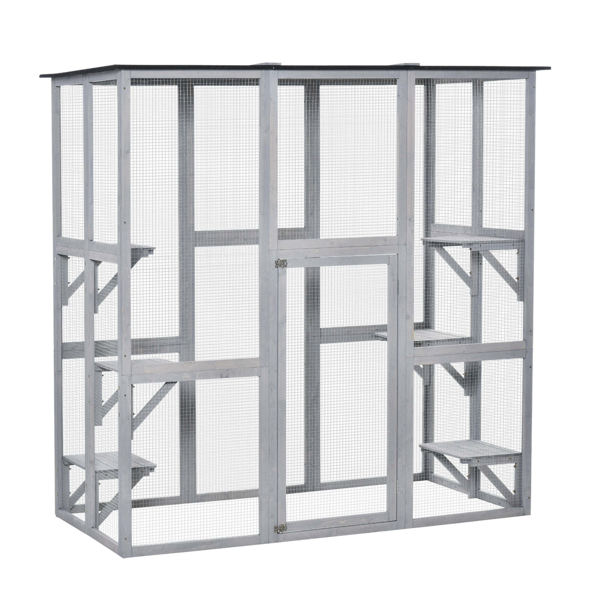 Large Outdoor Catio Enclosure, Weatherproof Cat House with Asphalt Roof,  Wooden Cat Patio Cage with 6 Balanced Platforms, 71" x 39" x 71", Grey