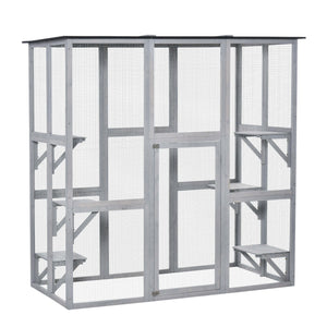 Large Outdoor Catio Enclosure, Weatherproof Cat House with Asphalt Roof,  Wooden Cat Patio Cage with 6 Balanced Platforms, 71" x 39" x 71", Grey