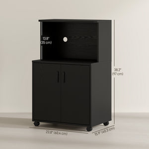 Microwave Cart on Wheels Utility Trolley Storage Sideboard Bookcase with 2-door Cabinet, Grey Wood Grain