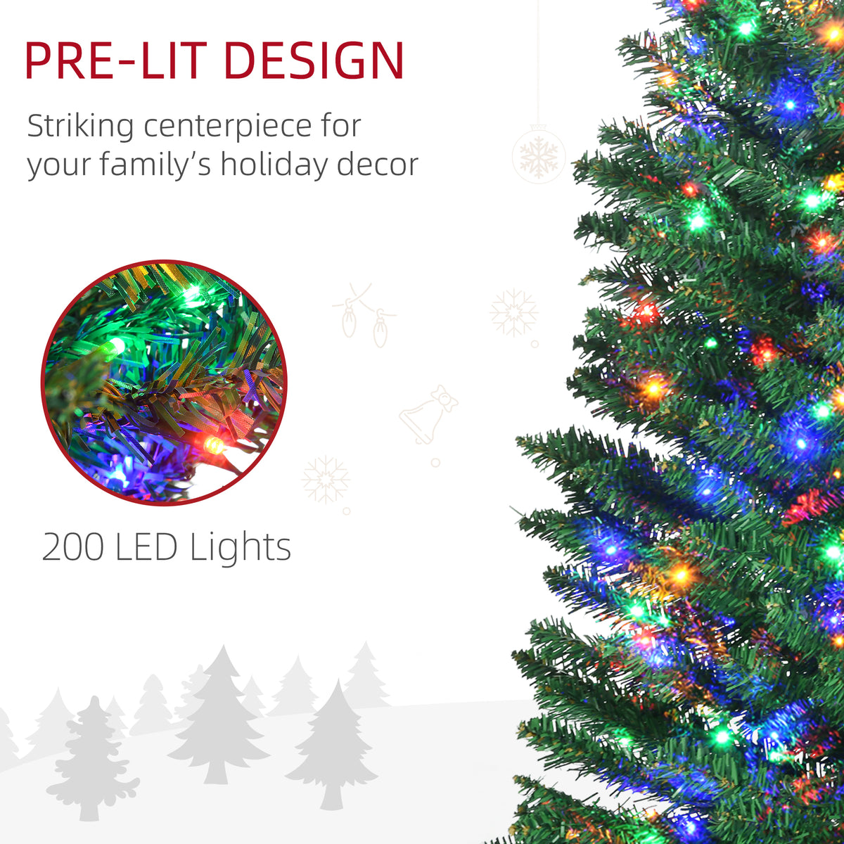 7.5' Artificial Pencil Christmas Trees Holiday Decoration with Colourful LED Lights, Steel Base, Skinny Shape