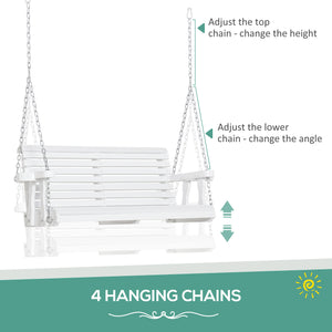 2 Seater Porch Swing Wooden Patio Swing Chair Seat with Cup Holder and Chains Outdoor Swing Bench for Garden Yard, White