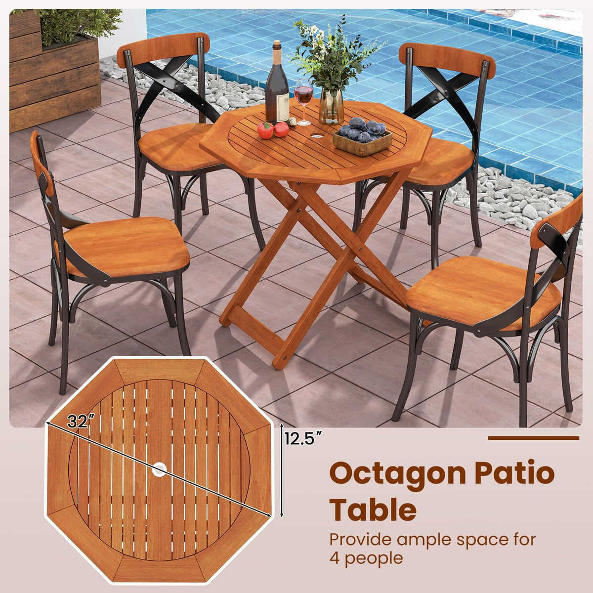 Octagon Folding Patio Table with 2 Inches Umbrella Hole view 8