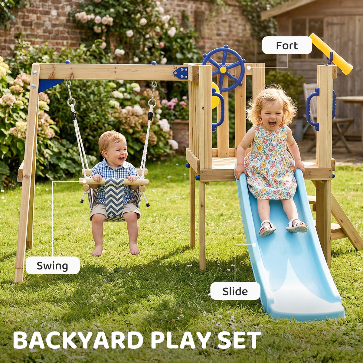 Wooden Kids Swing Set with Slide, Swing Seat, Captain's Wheel, Telescope, for Ages 18-48 Months, Natural