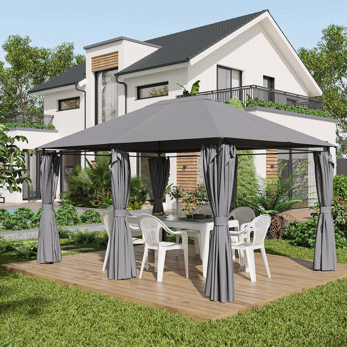 13'x 10' Soft-top Steel Patio Gazebo Canopy Party Tent with 6 Removable Curtains and Drainage Holes, Khaki – view 21