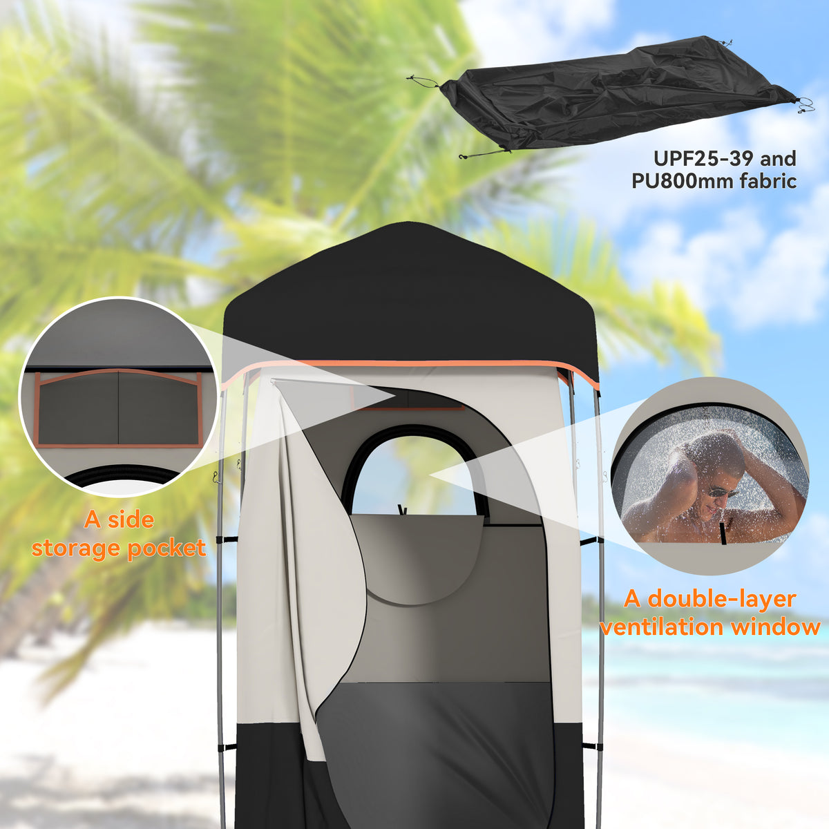 Camping Shower Tent, Portable Privacy Shelter with Solar Shower Bag, Removable Floor and Carrying Bag, Black – view 6
